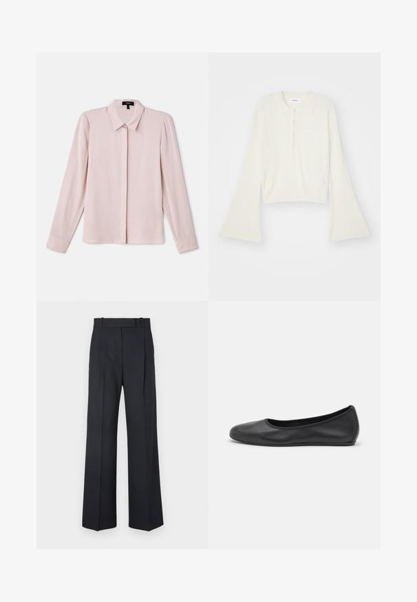 Ribbet, kremfarget polo-skjorte med lange, vide ermer og fem knapper foran. Har en krage med en myk tekstur.; Lys rosa langermet bluse med krage, frontlukking med knapper og myk tekstur. Har diskrete folder og mansjetterte ermer.; Mørkeblå stripete bukser med høy midje, vid bendesign, og uten synlige detaljer eller utsmykninger. Glatt tekstur og skreddersydd passform.; Svart skinnballettflatt med rund tå, glatt tekstur, minimal sømdetalj, og et fleksibelt såledesign.
