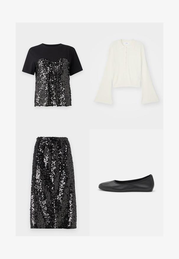 Ribbed, cream-colored polo shirt with long, flare sleeves and five button placket. Features a collar with a soft texture.; Black t-shirt featuring a sequin-embellished bodice with a heart shape. The upper portion is smooth, contrasting with the textured lower half.; Black sequin skirt featuring a straight shape, elastic waistband, and a smooth texture with varying sizes of shiny sequins for visual contrast.; Black leather ballet flat with a rounded toe, smooth texture, minimal stitching detail, and a flexible sole design.