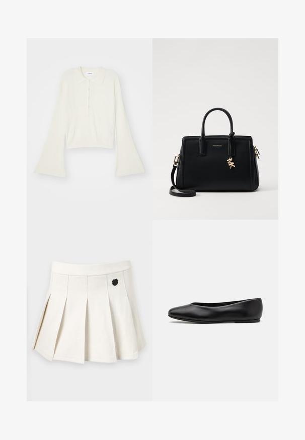 Polo shirt a coste di colore crema con maniche lunghe e svasate e placket con cinque bottoni. Presenta un colletto con una texture morbida.; Gonna plissée bianca realizzata in tessuto misto cotone, con un emblemma nero sul davanti e una cintura elastica per una vestibilità comoda.; Paul Smith TOPANGA - Ballerine - black; Borsa a tracolla in pelle nera con design strutturato, manici superiori doppi, tracolla rimovibile, accessori in oro e charm con logo.