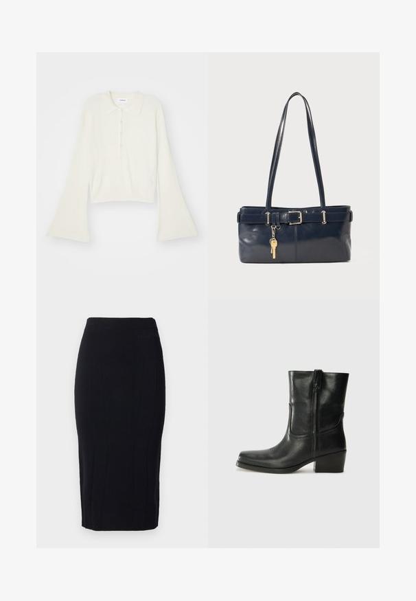 Raitaleva, kerma värinen polo-paita pitkillä, levenevillä hihoilla ja viiden napin listalla. Varustettu pehmeätekstuurisella kauluksella.; Mustat kynähameet, jotka on valmistettu teksturoidusta kankaasta, sisältävät pystysuorat saumat ja istuvan siluetin. Hillitty brändäys vyötäröllä.; Musta nahkasaapas nilkkamittaisella varrella, pyöreällä kärjellä, lohkarekorolla, sivuvetoketjulla ja ompeluaksentilla varren yläosassa. Suora pinta, klassinen muotoilu.; La handbagin sininen nahka, jossa on kaksi pitkää kahvaa, Buckle-yksityiskohta ja avaimenperä kiinnitettynä. Sen pinta on sileä ja muoto on suorakulmainen.