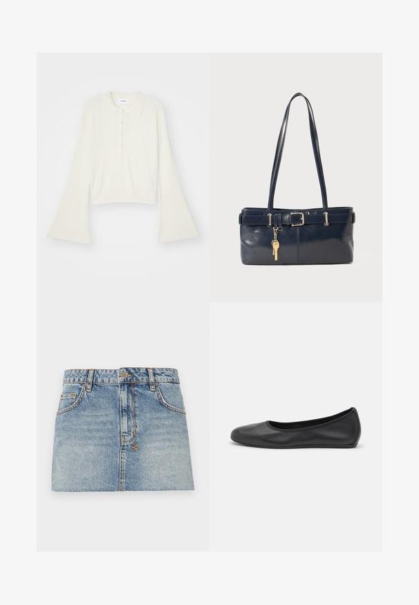 Rudmāta, krēmkrāsas polo krekls ar garām, zvana formu piedurknēm un piecu pogu aizdari. Iespējas ietver mīksta tekstūra apkakli.; Gaiši zila džinsa mini svārki ar pieguļošu jostu, priekšējo pogu aizdari un divām sānu kabatām. Iezīmē neapstrādātas maliņas un kontrastējošus šuvuma akcentus.; Melna ādas baleta kurpe ar noapaļotu purngalu, gludu tekstūru, minimālu šuvju detalizāciju un elastīgu zoles dizainu.; Jūras spēku stila ādas rokassoma ar divām garām rokturiem, ar sprādzi un pievienotu atslēgu piekariņu. Iezīmējas ar gludu tekstūru un taisnstūra formas.