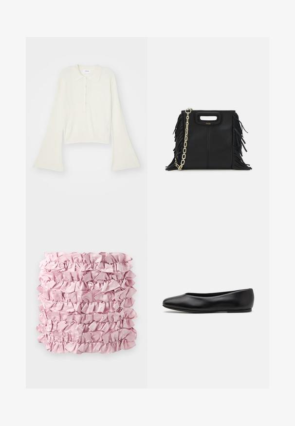 Geripptes, cremefarbenes Polohemd mit langen, ausladenden Ärmeln und einer Knopfleiste mit fünf Knöpfen. Verfügt über einen Kragen mit einer weichen Textur.; Rosa Rüschstoff mit mehreren Schichten einer weichen, satinartigen Textur und gerafften Kanten. Rechteckige Form mit reicher, gleichmäßiger Farbe.; Paul Smith TOPANGA - Klassischer Ballerina - black; Schwarze Lederhandtasche mit Fransen-Details, goldener Ketten-Schulterriemen und einem ausgeschnittenen Griff. Mit Logoplatzierung auf der Vorderseite.