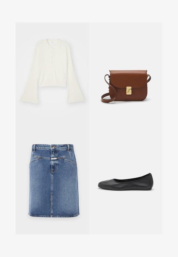 Kortsirkli, kreemivärvi polosärk, millel on pikad, laiendatud varrukad ja viis nööpi. Omab pehme tekstuuriga kraed.; Keskmise sinise värvi teksaseelik, sirge lõikega, eesnupu kinni ja viie taskuga disainiga, peene kulumise tekstuuriga.; Musthave mustika tantsutossud mustast nahast, ümmarguse varbaga, siledast tekstuurist, minimaalse õmblusdetailiga ja paindliku tallakujundusega.; Pruunist nahast käekott, millel on klapiga sulgur, kuldne riistvara, õlarihm ja sile tekstuur. Kompaktne ristkülikukujuline vorm.