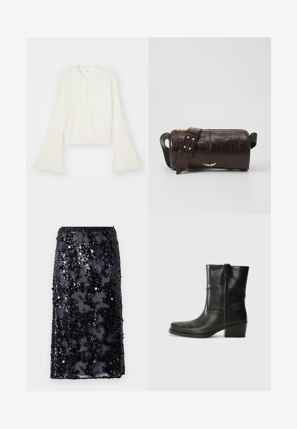 Rudmāta, krēmkrāsas polo krekls ar garām, zvana formu piedurknēm un piecu pogu aizdari. Iespējas ietver mīksta tekstūra apkakli.; Navy zīda svārki, kas izgatavoti no caurspīdīga auduma, rotāti ar melniem un sudraba pērļiem ziedu rakstā, ar taisnu griezumu un maliņu.; Melna ādas potīte ar noapaļotu purngalu, bloku papēdi, sānu rāvējslēdzēju un šuvju akcentiem uz virsmas. Gluda tekstūra, klasiskā dizaina.; Brūna krokodila ādas soma ar cilindrisku formu, zelta toni aparatūru un noņemamu siksnu ar studiem.