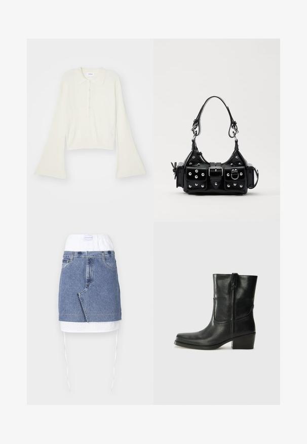 Hladký krémový polo tričko s dlouhými rozevlátými rukávy a páskou s pěti knoflíky. Obsahuje límeček s jemnou texturou.; Džínová sukně s modrým tělem, bílým perforovaným pasem a stahovacími šňůrkami. Obsahuje přední kapsy a rovný střih s roztrhaným lemem.; Černá kožená kotníková bota s kulatou špičkou, blokovým podpatkem, bočním zipem a prošíváním na svršku. Hladký povrch, klasický design.; Černá kožená kabelka s křivkovým designem, zdobená stříbrnými hřebíky, s přezkou a dvěma bočními kapsami. Nastavitelný popruh pro různé možnosti nošení.