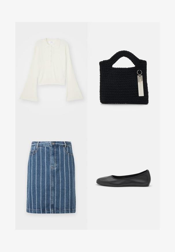 Kortsirkli, kreemivärvi polosärk, millel on pikad, laiendatud varrukad ja viis nööpi. Omab pehme tekstuuriga kraed.; Denim seelik vertikaalsete valgete triipudega, millel on vöökoht, esikotid ja sirge lõige. Sinine kangas, millel on veidi kulunud tekstuur.; Musthave mustika tantsutossud mustast nahast, ümmarguse varbaga, siledast tekstuurist, minimaalse õmblusdetailiga ja paindliku tallakujundusega.; Won Hundred MARSIELLE COMPUTER BAG UNISEX - Sülearvutikott - black