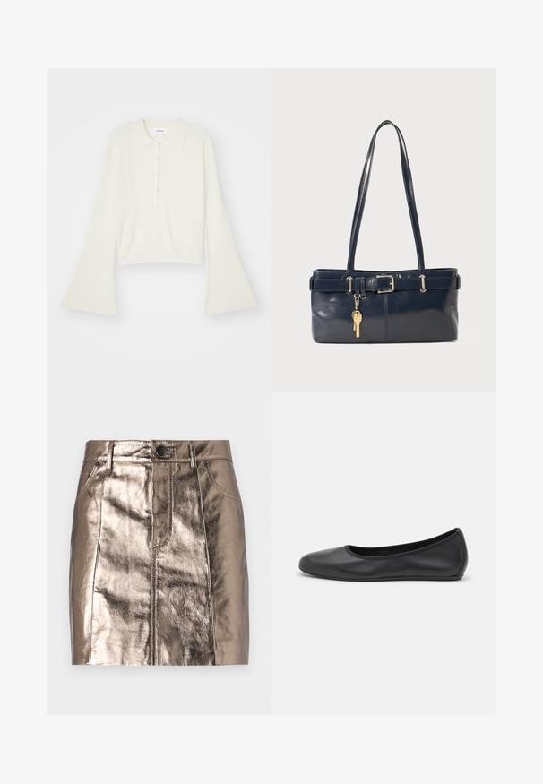 Hladký krémový polo tričko s dlouhými rozevlátými rukávy a páskou s pěti knoflíky. Obsahuje límeček s jemnou texturou.; Metalická bronzová džínová mini sukně s rovním střihem, předními kapsami a páskem s knoflíkovým zapínáním. Hladká a lesklá textura.; Černé kožené baletní byty s kulatou špičkou, hladkou texturou, minimálními švy a flexibilním designem podrážky.; Námořnická kožená kabelka s dvěma dlouhými uchy, detaily s přezkou a připevněným klíčenkou. Vyznačuje se hladkým povrchem a obdélníkovým tvarem.