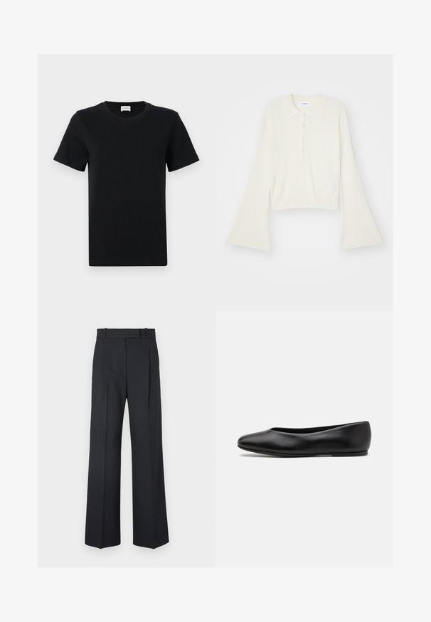 Ribbet, cremefarvet polo skjorte med lange, vidde ærmer og fem knapper. Har en krave med en blød tekstur.; Sort bomulds t-shirt med korte ærmer og rund hals, med en subtil logo detalje på den nederste front og en lige skåret kant.; Mørkeblå stribede bukser med høj talje, vidde bendesign og ingen synlig hardware eller dekorationer. Glat tekstur og skræddersyet pasform.; Paul Smith TOPANGA - Ballerinasko - black