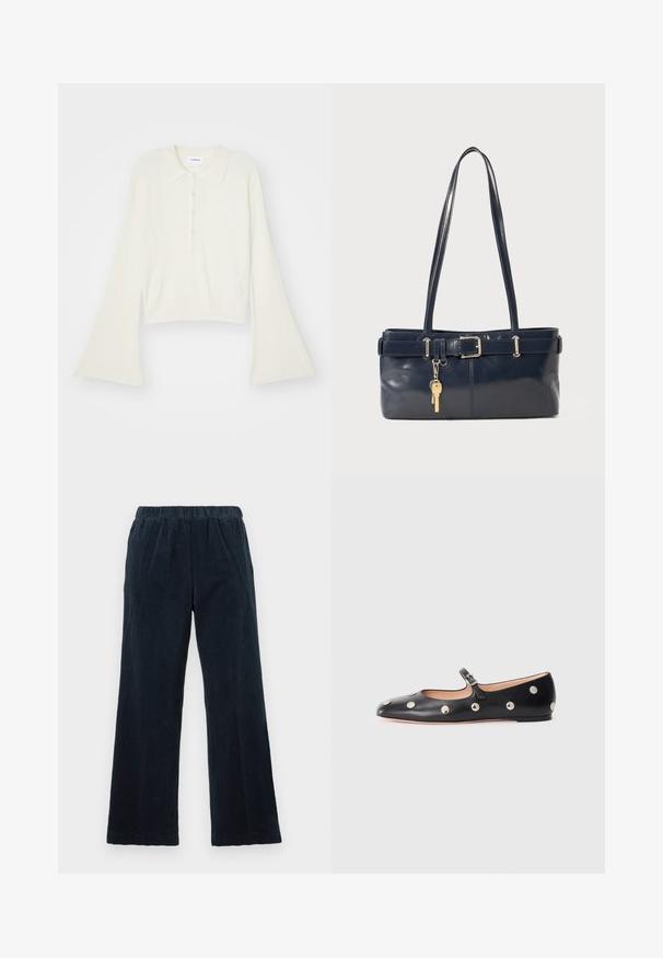 Ribovaný krémový polo tričko s dlhými rozpätými rukávmi a päťtlačidlovou légou. Obsahuje golier s jemnou textúrou.; Námornícke kordové nohavice so širokým strihom, elastickým pásom a vertikálnou ribovanou textúrou. Obsahujú bočné vrecká a rovný lem.; Čierne kožené baleríny typu Mary Jane s okrúhlou špičkou, so striebornými kruhovými cvokmi a nastaviteľným remienkom so sponou.; Námornícka kožená kabelka s dvoma dlhými uchami, detailom s prackou a pripojeným kľúčovým držiakom. Má hladkú textúru a obdĺžnikový tvar.
