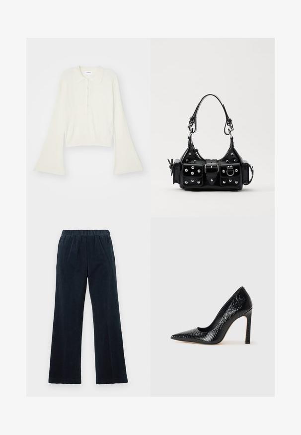 Geripptes, cremefarbenes Polohemd mit langen, ausladenden Ärmeln und einer Knopfleiste mit fünf Knöpfen. Verfügt über einen Kragen mit einer weichen Textur.; Marineblaue Cordhosen mit weitem Bein, elastischem Bund und vertikal gerippter Textur. Verfügt über Seitentaschen und einen geraden Saum.; Schwarzer, spitz zulaufender High Heel mit Krokodilleder-Struktur, elegantem Design, hohem Stiletto-Absatz und glattem schwarzen Innenraum.; Schwarze Lederhandtasche mit einem geschwungenen Design, verziert mit silbernen Nieten, einer Schnalle und zwei seitlichen Taschen. Verstellbarer Träger für verschiedene Tragemöglichkeiten.
