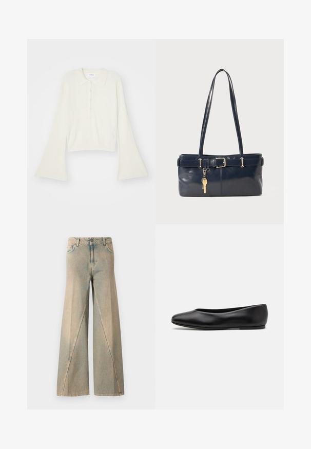 Hladký krémový polo tričko s dlouhými rozevlátými rukávy a páskou s pěti knoflíky. Obsahuje límeček s jemnou texturou.; Světle modré džínové kalhoty s širokými nohavicemi. Mají vysoký pas, přední kapsy a charakteristický vzor švů podél nohavic.; Paul Smith TOPANGA - Klasické baleríny - black; Námořnická kožená kabelka s dvěma dlouhými uchy, detaily s přezkou a připevněným klíčenkou. Vyznačuje se hladkým povrchem a obdélníkovým tvarem.