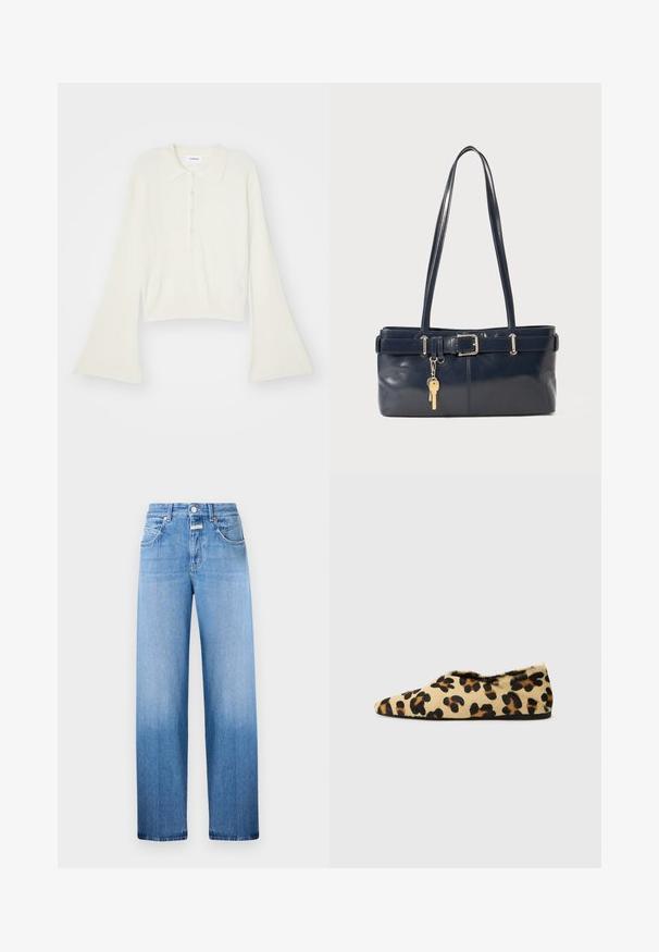 Ribotas, kreminės spalvos polo marškinėliai su ilgomis, platėjančiomis rankovėmis ir penkiais sagų užsegimais. Apykaklė turi švelnų tekstūrą.; Šviesiai mėlynos džinsinės kelnės su plačia kojų forma, turinčios šiek tiek gradientą nuo šviesesnės iki tamsesnės atspalvio ties apatine dalimi, penkių kišenių stiliumi ir diržo kilpomis.; Leopardo rašto plokšti batai, pagaminti iš minkštos odos, su smailiu priekiu ir žemu profiliu. Natūralios spalvos su juodais akcentais.; Jūrinės odos rankinė su dviem ilgais rankenomis, sagties detalė ir pridėtas raktų pakabukas. Turi lygią tekstūrą ir stačiakampio formą.