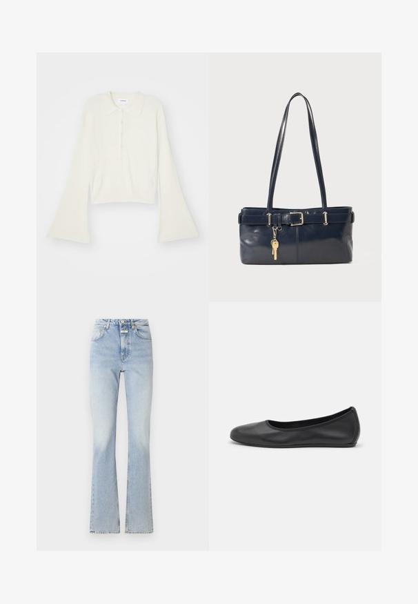 Kortsirkli, kreemivärvi polosärk, millel on pikad, laiendatud varrukad ja viis nööpi. Omab pehme tekstuuriga kraed.; Heledad sinised teksad kõrge vöökohaga, laienevate säärtega ja peene kulumistunnustega. Omab nööpi ja tõmblukku, viie taskuga.; Musthave mustika tantsutossud mustast nahast, ümmarguse varbaga, siledast tekstuurist, minimaalse õmblusdetailiga ja paindliku tallakujundusega.; Tumedast nahast käekott kahe pika käepidemega, pandla detailiga ja võtmehoidjaga. Omab siledat tekstuuri ja ristkülikukujulist vormi.