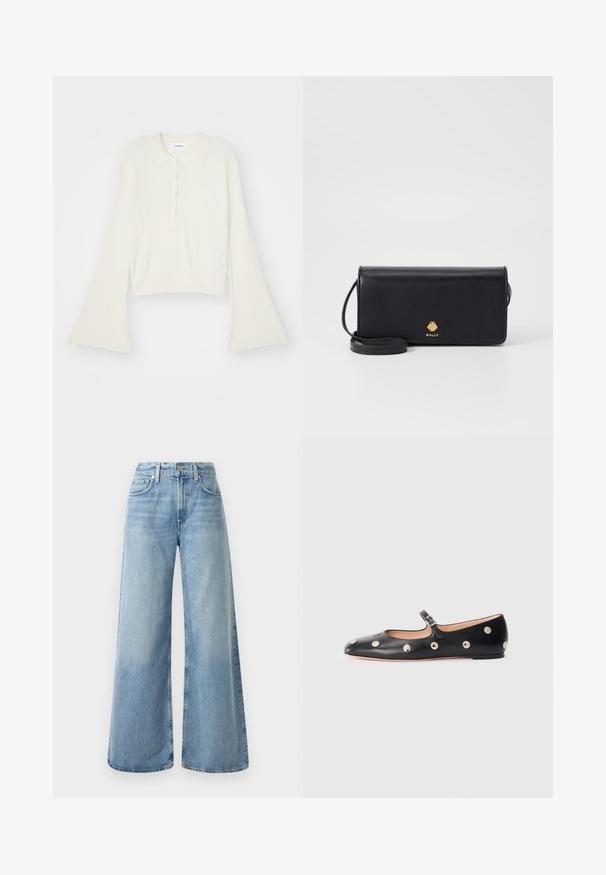 Ribbet, cremefarvet polo skjorte med lange, vidde ærmer og fem knapper. Har en krave med en blød tekstur.; Lyseblå denim-bukser i vid model med høj talje, der har fire lommer, en knaplukning og diskret falmede områder på stoffet.; Sorte læder Mary Jane flad sko med en rund tå, udstyret med sølvfarvede runde nitter og en justerbar rem med spænde.; Sorte læderpung i en slank rektangulær form, med et guld logo. Inkluderer en aftagelig rem for nem bæring.