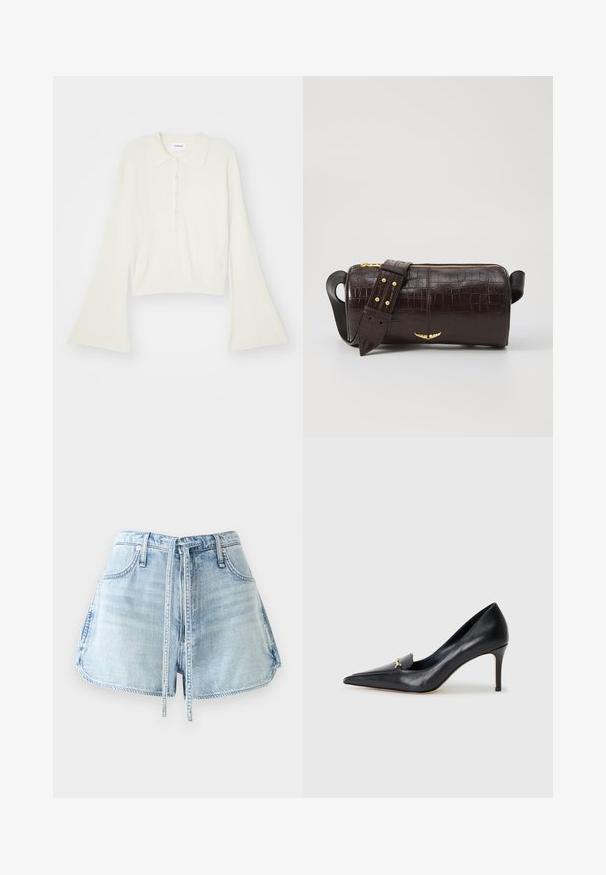 Polo shirt a coste di colore crema con maniche lunghe e svasate e placket con cinque bottoni. Presenta un colletto con una texture morbida.; Shorts in denim azzurro chiaro con vita regolabile, cinque tasche e orli grezzi. Il tessuto ha una texture invecchiata.; Décolleté in pelle nera con punta affusolata, scollatura bassa e un accento decorativo dorato. Presenta un tacco a stiletto e una superficie liscia.; Borsa in pelle stampata a coccodrillo marrone con forma cilindrica, accessori in tonalità oro e una tracolla staccabile con borchie.