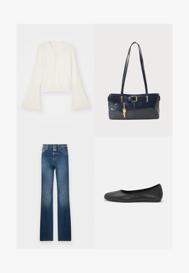 Csíkozott, krém színű pólóing hosszú, bővülő ujjakkal és öt gombos nyakkivágással. Puha tapintású gallérral rendelkezik.; Sötétkék farmernadrág egyenes szárú fazonnal, öt zsebbel és gombos záródással. A combokon lévő kopott hatások fokozzák a textúrát.; Fekete bőr balettcipő lekerekített orral, sima tekstúrával, minimális varrással és rugalmas talp kialakítással.; Sötétkék bőr kézitáska két hosszú fogantyúval, csattal díszítve és kulcstartóval. Simává polírozott textúrával és téglalap alakú dizájnnal rendelkezik.