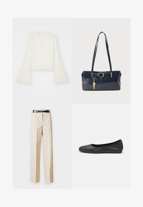 Ribotas, kreminės spalvos polo marškinėliai su ilgomis, platėjančiomis rankovėmis ir penkiais sagų užsegimais. Apykaklė turi švelnų tekstūrą.; Smėlio spalvos platesni kelniai su lygaus paviršiaus tekstūra ir juoda diržu su krokodilo raštu juosmens srityje. Paprastas dizainas be papildomų puošmenų.; Juodai odiniai baletai su apvaliu pirštu, lygi texture, minimalus siuvimo detales ir lanksčiu padų dizainu.; Jūrinės odos rankinė su dviem ilgais rankenomis, sagties detalė ir pridėtas raktų pakabukas. Turi lygią tekstūrą ir stačiakampio formą.