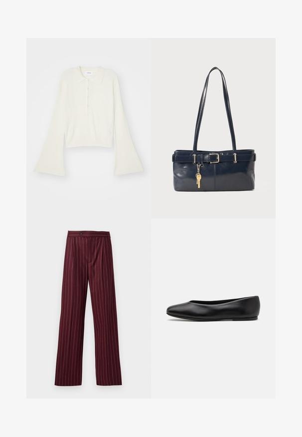 Geripptes, cremefarbenes Polohemd mit langen, ausladenden Ärmeln und einer Knopfleiste mit fünf Knöpfen. Verfügt über einen Kragen mit einer weichen Textur.; Burgunderfarbene weite Hosen mit einem Streifenmuster, gefältelter Vorderseite und Knopfverschluss, gefertigt aus einem glatten Stoff mit strukturiertem Design.; Paul Smith TOPANGA - Klassischer Ballerina - black; Marineblaue Lederhandtasche mit zwei langen Griffen, einer Schnallen-Detailierung und einem daran befestigten Schlüsselanhänger. Besitzt eine glatte Textur und eine rechteckige Form.