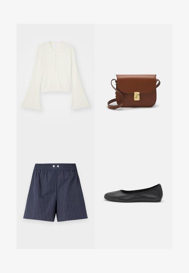 Tricou polo cu nervuri, de culoare crem, cu mâneci lungi și evazate, și clapetă cu cinci nasturi. Prezentă un guler cu o textură moale.; Pantaloni scurți în dungi bleumarin, cu talie elastică, având două nasturi albi în față, confecționați dintr-o țesătură ușoară.; Balerini din piele neagră, cu vârf rotund, textură netedă, detalii de cusătură minimale și un design al tălpii flexibil.; Geantă de piele maro cu închidere tip capac, accesorii de culoare aurie, curea de umăr și o textură netedă. Formă compactă și rectangulară.