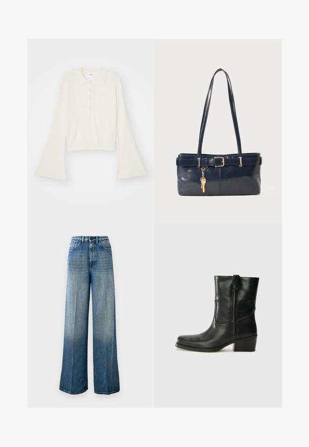 Csíkozott, krém színű pólóing hosszú, bővülő ujjakkal és öt gombos nyakkivágással. Puha tapintású gallérral rendelkezik.; Világoskék, bő szárú farmernadrág, magas derékkal. Klasszikus öt zsebes dizájnnal rendelkezik, és a színe sötétről világosra fokozatosan halad.; Fekete bőr bokacsizma lekerekített orral, blokk sarkúval, oldalsó cipzárral és varrásos díszítéssel az elején. Simább textúra, klasszikus dizájn.; Sötétkék bőr kézitáska két hosszú fogantyúval, csattal díszítve és kulcstartóval. Simává polírozott textúrával és téglalap alakú dizájnnal rendelkezik.