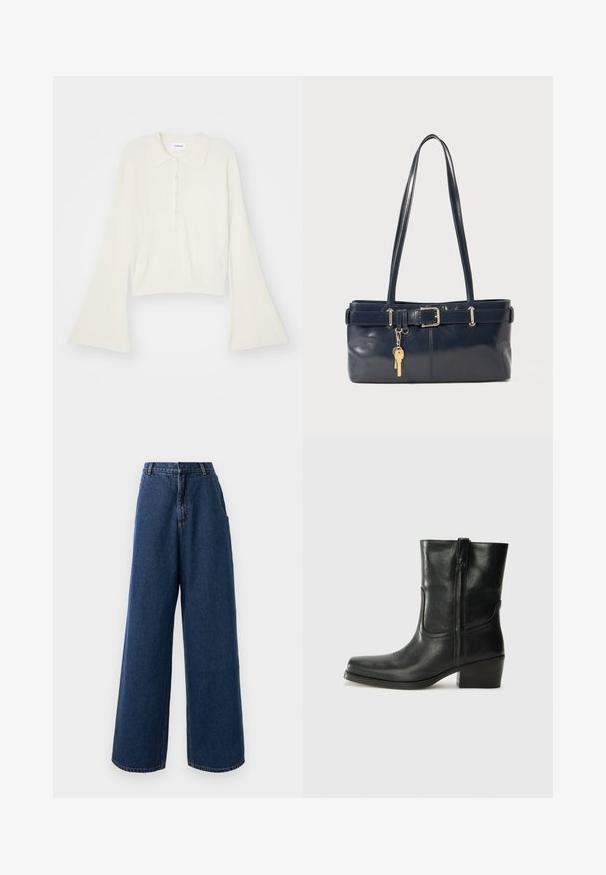 Ribbed, cream-colored polo shirt with long, flare sleeves and five button placket. Features a collar with a soft texture.; High-waist wide-leg jeans in dark blue denim with front button and zipper closure, belt loops, and side pockets.; Black leather ankle boot with a rounded toe, block heel, side zipper, and stitching accents on the vamp. Smooth texture, classic design.; Navy leather handbag with two long handles, a buckle detail, and a keychain attached. Features a smooth texture and a rectangular shape.