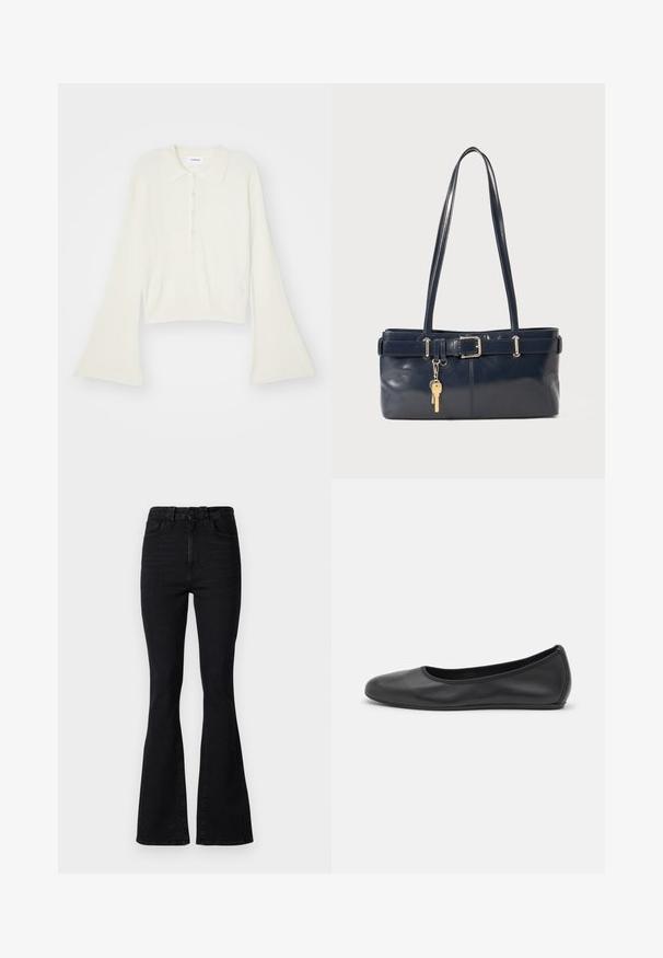 Hladký krémový polo tričko s dlouhými rozevlátými rukávy a páskou s pěti knoflíky. Obsahuje límeček s jemnou texturou.; Černé rozšířené džíny s vysokým pasem, vyrobené z denimu. Mezi jejich vlastnosti patří zapínání na knoflík, pět kapes a hladká textura.; Černé kožené baletní byty s kulatou špičkou, hladkou texturou, minimálními švy a flexibilním designem podrážky.; Námořnická kožená kabelka s dvěma dlouhými uchy, detaily s přezkou a připevněným klíčenkou. Vyznačuje se hladkým povrchem a obdélníkovým tvarem.
