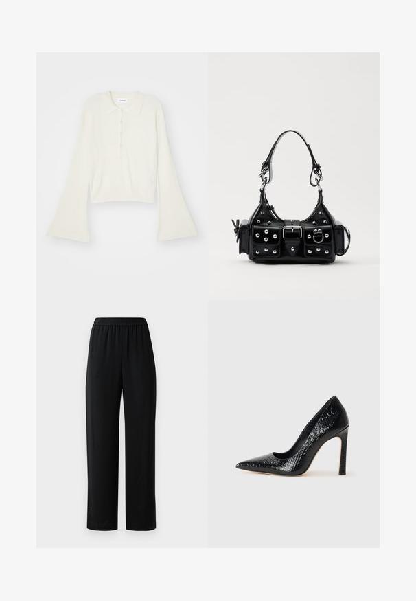 Polo shirt a coste di colore crema con maniche lunghe e svasate e placket con cinque bottoni. Presenta un colletto con una texture morbida.; Pantaloni neri a gamba larga realizzati in un tessuto morbido con cintura elastica. Presentano una vestibilità dritta e dettagli minimi. Adatti per un abbigliamento casual.; Scarpa nera con punta a punta alta in pelle di coccodrillo, caratterizzata da un design elegante, alto tacco a spillo e interno nero liscio.; Borsa a mano in pelle nera con design curvo, caratterizzata da borchie argentate, una fibbia e due tasche laterali. Tracolla regolabile per diverse opzioni di trasporto.