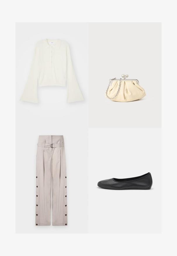 Ribovaný krémový polo tričko s dlhými rozpätými rukávmi a päťtlačidlovou légou. Obsahuje golier s jemnou textúrou.; Béžové nohavice s širokými nohavicami vyrobené z mäkkej tkaniny, s opaskom na vysokom páse, bočnými gombíkmi a čistým, upraveným vzhľadom.; Čierne kožené baleríny s okrúhlou špičkou, hladkým povrchom, minimálnym prešívaním a flexibilným dizajnom podrážky.; Zhlý béžový kožený klobúk so strieborným kovovým rámom, ktorý má dve okrúhle dekoratívne zámky a strieborný reťazový popruh.
