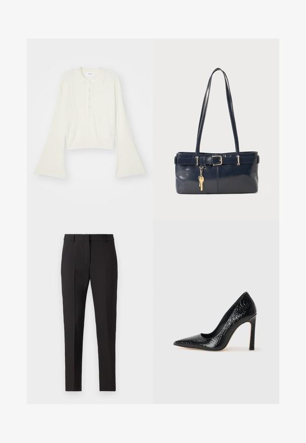 Ribbet, cremefarvet polo skjorte med lange, vidde ærmer og fem knapper. Har en krave med en blød tekstur.; Sorte skræddersyede bukser med lige ben, der har flad front, bæltestropper og ingen synlige mønstre eller udsmykninger.; Sorte spidse tå stiletto-sko i krokodilleskind med et strømlinet design, høj hæl og glat sort inderside.; Mørkeblå læderhåndtaske med to lange håndtag, en spænde detaljer og en nøglering vedhæftet. Den har en glat tekstur og en rektangulær form.