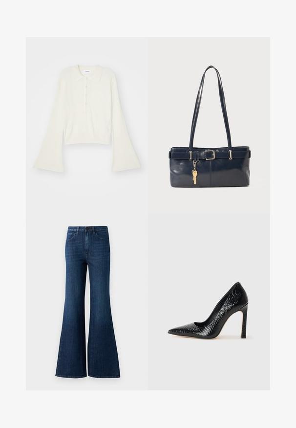 Prążkowana, kremowa koszulka polo z długimi, rozszerzającymi się rękawami i zapięciem na pięć guzików. Posiada kołnierz o miękkiej fakturze.; Ciemnoniebieskie dżinsy z wysokim stanem, rozszerzane na dole, z guzikiem z przodu, zamkiem błyskawicznym i pięcioma kieszeniami na białym tle.; Czarne szpilki z ostrym noskiem, pokryte teksturą skóry krokodyla, charakteryzujące się eleganckim wzornictwem, wysokim obcasem w stylu stiletto oraz gładkim czarnym wnętrzem.; Granatowa skórzana torebka z dwoma długimi uchwytami, detalem w postaci klamry oraz dołączonym breloczkiem. Charakteryzuje się gładką teksturą i prostokątnym kształtem.