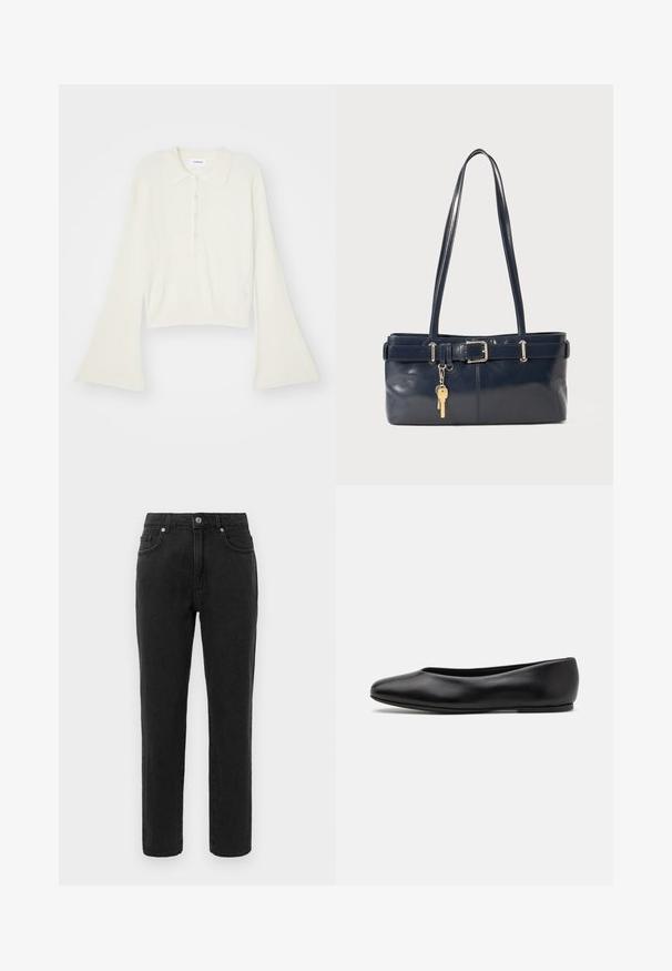 Ribbed, cream-colored polo shirt with long, flare sleeves and five button placket. Features a collar with a soft texture.; Black denim jeans with a straight leg design, standard five-pocket styling, and a button closure. Features subtle stitching details.; Paul Smith TOPANGA - Ballet pumps - black; Navy leather handbag with two long handles, a buckle detail, and a keychain attached. Features a smooth texture and a rectangular shape.