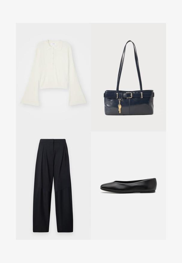 Polo shirt a coste di colore crema con maniche lunghe e svasate e placket con cinque bottoni. Presenta un colletto con una texture morbida.; Pantaloni a gamba larga di colore blu navy con pieghe nella parte frontale, caratterizzati da un tessuto liscio e una cintura pulita per un aspetto sartoriale.; Paul Smith TOPANGA - Ballerine - black; Borsa a mano in pelle blu con due manici lunghi, un dettaglio con fibbia e un portachiavi attaccato. Presenta una texture liscia e una forma rettangolare.