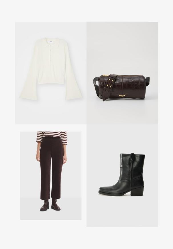 Ribbet, cremefarvet polo skjorte med lange, vidde ærmer og fem knapper. Har en krave med en blød tekstur.; Kvinde iført mørkebrune ribbede bukser med vidde, brune læderankelstøvler, og en hvid og burgunderstribet skjorte med trekvartærmer.; Sort læder ankelstøvle med rundt tå, blokhæl, lynlås i siden og stikninger på vampsiden. Glat tekstur, klassisk design.; Brun krokodilleder taske med cylindrisk form, hardware i guld-tone, og en aftagelig rem med nitter.