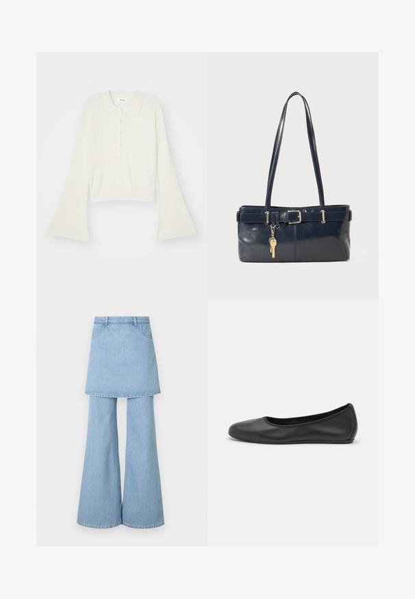 Rudmāta, krēmkrāsas polo krekls ar garām, zvana formu piedurknēm un piecu pogu aizdari. Iespējas ietver mīksta tekstūra apkakli.; Denim svārku-bikšu hibrīds, kas izgatavots no gaiši zila auduma, ar izsistām kājām un redzamām šuvju detaļām. Izstrādāts ar priekšējiem kabatām un jostas daļu.; Melna ādas baleta kurpe ar noapaļotu purngalu, gludu tekstūru, minimālu šuvju detalizāciju un elastīgu zoles dizainu.; Jūras spēku stila ādas rokassoma ar divām garām rokturiem, ar sprādzi un pievienotu atslēgu piekariņu. Iezīmējas ar gludu tekstūru un taisnstūra formas.