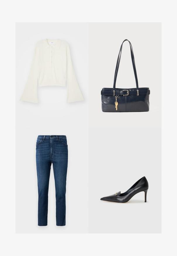 Csíkozott, krém színű pólóing hosszú, bővülő ujjakkal és öt gombos nyakkivágással. Puha tapintású gallérral rendelkezik.; Kék, slim fit szabású farmernadrág, klasszikus öt zsebes kialakítással és gombos záródással, finom fakulással és letisztult, egyenes lábszárral.; Fekete bőr magassarkú cipő hegyes orral, alacsony dekoltázzsal és díszes arany részlettel. Stiletto sarokkal és sima felülettel rendelkezik.; Sötétkék bőr kézitáska két hosszú fogantyúval, csattal díszítve és kulcstartóval. Simává polírozott textúrával és téglalap alakú dizájnnal rendelkezik.