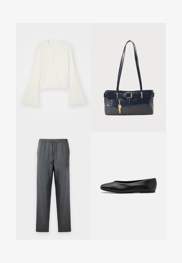 Ribbed, cream-colored polo shirt with long, flare sleeves and five button placket. Features a collar with a soft texture.; Dark gray trousers with a textured fabric, featuring an elastic waist and adjustable drawstring. Straight-leg design without pockets.; Paul Smith TOPANGA - Ballet pumps - black; Navy leather handbag with two long handles, a buckle detail, and a keychain attached. Features a smooth texture and a rectangular shape.