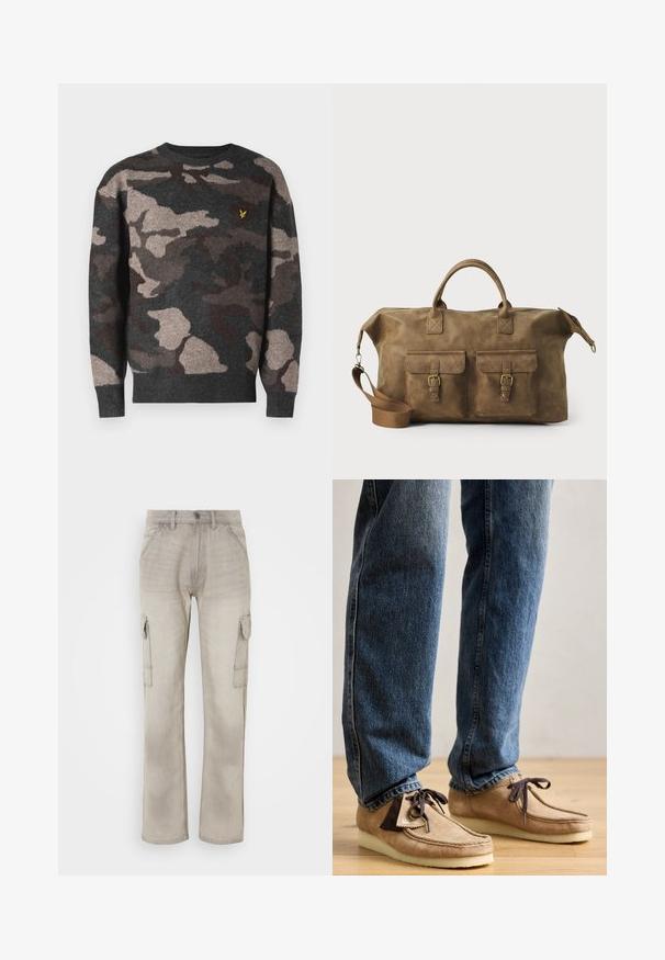Camo-mønstret sweater i grå, brun og beige. Fremstillet af blødt strikkemateriale med rund hals og ribbede manchetter. Har et lille logo.; Beige cargo bukser lavet af denim, med to sidelommer, et lige ben-design og synlige sømme. Tekstureret overflade med et falmet udseende.; Suedemokasiner i tan med mørkebrune accenter, rund tå og blød hvid sål. Har snøre-design og syede detaljer.; Brun læder duffel taske med to forlommer, justerbar skulderrem, guldfarvet hardware og robuste top håndtag. Glat tekstur.
