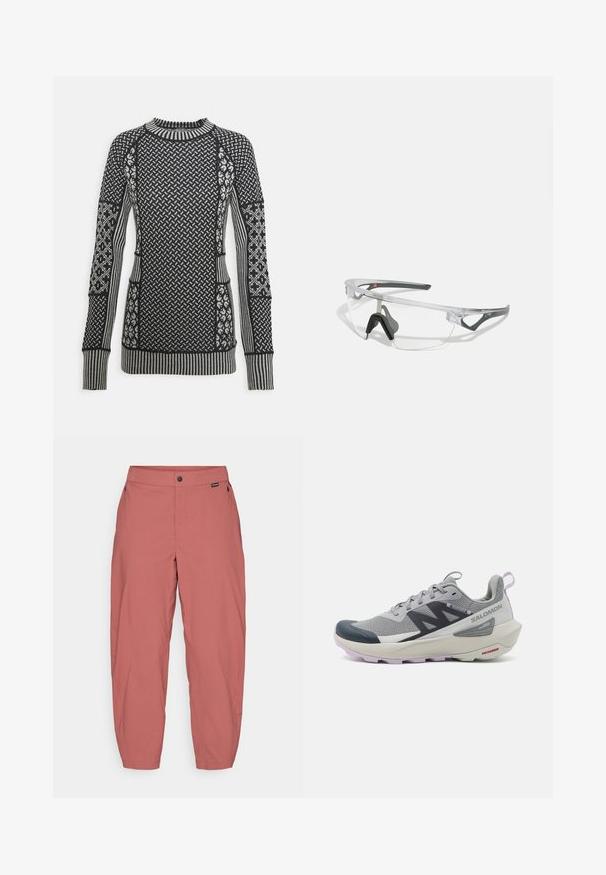 Svart og grå strikkegenser med et teksturert mønster, ribbet hals, og lange ermer med ulike design og detaljer.; Lys rosa, løstsittende bukser med knappelukking og sidelommer, vist mot en ensfarget hvit bakgrunn.; Salomon løpesko i grå og marine blå har et pustende mesh-overdel, gummitådeksel og teksturert såle med lavendelaccenter.; Klare sikkerhetsbriller med en lett, gjennomsiktig ramme og grå detaljer. Har en innpakket design og justerbar nesestykke.