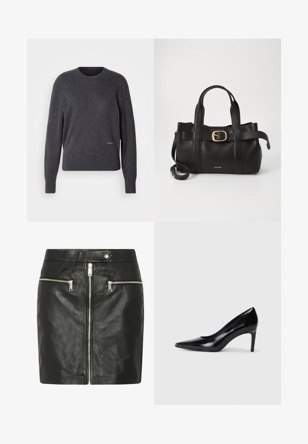 Sötét szürke, kerek nyakú pulóver, puha anyagból készült. Hosszú ujjakkal, bordás mandzsettákkal rendelkezik, és finom logó részlet található az alsó részén.; Fekete bőr szoknya elöl cipzárral és két cipzáras zsebbel. Simább textúra, testre szabott fazon, deréknál patentos záródással.; Fekete bőr magassarkú cipő, hegyes orral, sima textúrával és kúpos sarkal. Minimalista dizájn, nincsenek további díszítések.; Fekete bőr kézitáska, amely strukturált kialakítással rendelkezik, dupla felső fogantyúval, arany tónusú csattal és a márka dombornyomott logójával az elején.