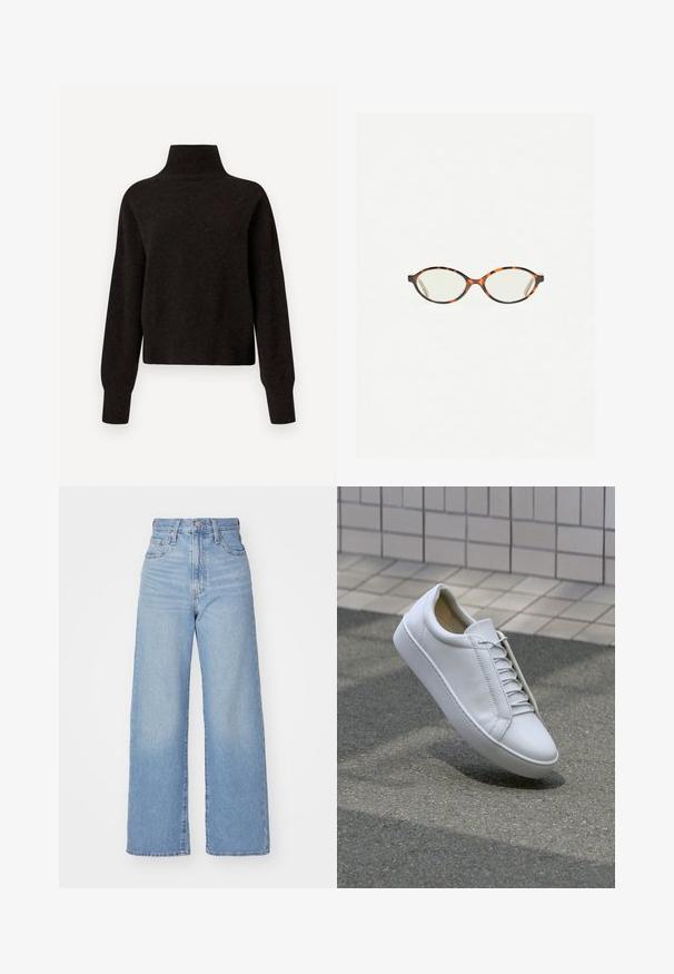 Zwarte hoge hals lange mouw trui met geribde manchetten en zoom, weergegeven op een witte achtergrond.; Lichtblauwe high-waist wijde jeans met een knoop- en ritssluiting aan de voorkant, voor- en achterzakken, op een witte achtergrond.; Witte lederen sneaker met een ronde neus, platte zool en zes paar veterogen. Glad textuur en minimalistisch ontwerp met stikseldetails.; Kattenoogbril met ovale lenzen en een strakke, gladde afwerking. Heeft dunne zijkanten met een subtiele kromming bij de slapen. Transparante lenzen.