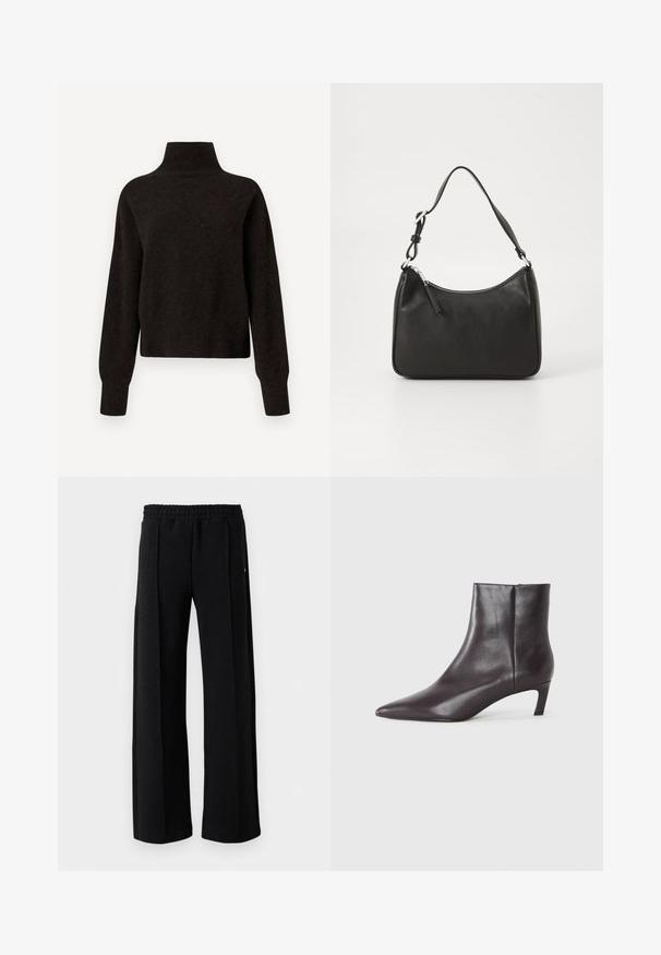 Svart høyhalset genser med lange ermer, ribbestrikkede mansjetter og kant, presentert på en hvit bakgrunn.; Sorte rettlinjede bukser med elastisk midjebånd og subtilt teksturert mønster gjennom hele stoffet på hvit bakgrunn.; Svart lær ankelstøvlett med spiss tå og lav kitten hæl, jevn finish, glidelås på siden, vist på en nøytral bakgrunn.; Svart lærveske med en buet form, en enkelt stropp, glidelåslukking og subtil merkevarebygging på forsiden. Glatt tekstur, minimalistisk design.