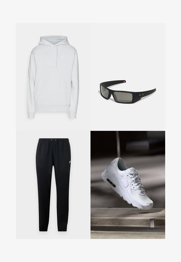 Nike Sportswear SPORTSWEAR CLUB FLEECE - Melegítőfelső - pure platinum/white; Fekete tréningnadrág, puha anyagból, rugalmas derékkal és húzózsinórral, szűkített bokákkal és egy kis logóval az oldalon.; Fehér Nike Air Max 90 sneaker, amely hálós és bőr felsőrésszel, perforált orr-résszel és látható légpárnás egységgel rendelkezik a saroknál.; Fekete napszemüveg matt felülettel, téglalap alakú lencsékkel, enyhe ívvel a templomokon, diszkrét logó részlettel és füstszínű lencsékkel.