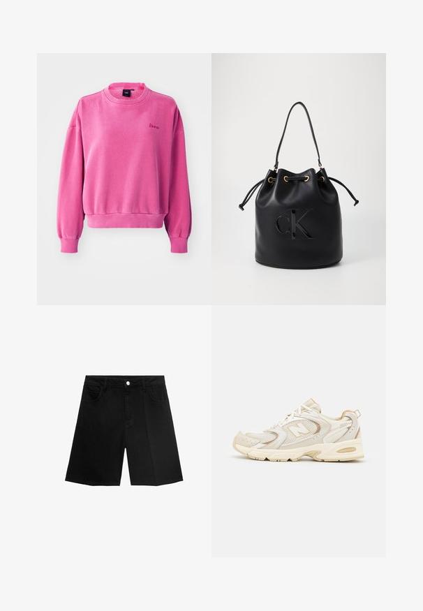 Roze sweatshirt met een ronde hals, lange mouwen en geribbelde manchetten. Beschikt over een zachte textuur en een klein geborduurd logo aan de voorkant.; Zwarte denim shorts met een rechte snit, vijf zakken en een zilveren knoopsluiting. Gladde textuur met minimale stikseldetails.; Beige sport schoenen met gaas- en synthetische overlays, voorzien van een textuur, een gevoerde kraag en "ABZORB" demping bij de hiel.; Zwarte leren emmer tas met trekkoord sluiting, voorzien van een glanzend "CK" logo aan de voorkant en gouden hardware accenten.