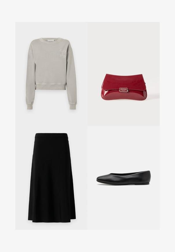 Felpa grigia chiara cropped in morbido cotone con polsini a costine, collo a giro e logo "CLOSED" impresso sul petto.; Blusa bianca a maniche corte con scollatura rotonda e un dettaglio anteriore rettangolare, esposta su uno sfondo semplice.; Gonna nera al ginocchio con taglio dritto e spacco laterale, esposta su uno sfondo bianco.; Paul Smith TOPANGA - Ballerine - black; Borsa a pochette in pelle verniciata rossa con design curvo, pattina pieghevole e un accento del logo metallico su una placca argentata. Tessuto liscio e lucido.