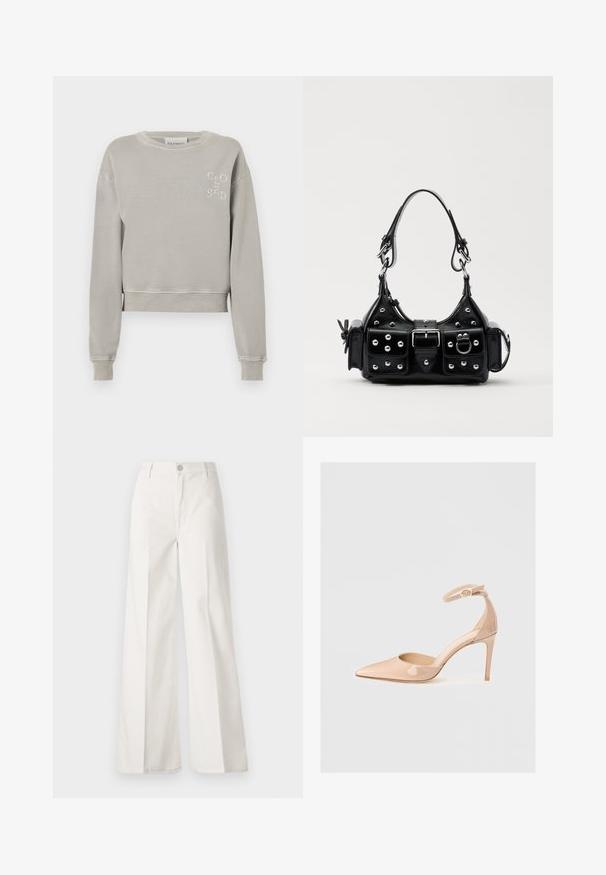 Světle šedá zkrácená mikina vyrobená z měkké bavlny, s žebrovanými manžetami, kulatým výstřihem a embosovaným logem "CLOSED" na hrudi.; Bílé volné kalhoty vyrobené z bavlny s hladkou texturou. Obsahují přední knoflík, zip a design se čtyřmi kapsami.; Nude lakovaná botička s špičatou špičkou, kotníkovým páskem a stiletto podpatkem, která se vyznačuje hladkým povrchem a minimalistickým designem.; Černá kožená kabelka s křivkovým designem, zdobená stříbrnými hřebíky, s přezkou a dvěma bočními kapsami. Nastavitelný popruh pro různé možnosti nošení.