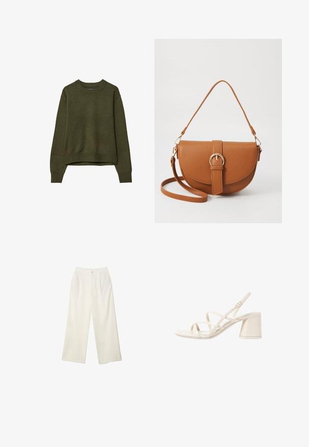 Maglione girocollo verde oliva con maniche lunghe e polsini e orlo a coste, esposto su uno sfondo bianco.; Pantaloni a gamba larga in tessuto crema con una texture liscia, caratterizzati da un singolo bottone frontale, pieghe sottili e un design a vita alta.; Sandali con tacco beige con sottili cinturini incrociati, punta aperta e tacco quadrato a blocco. Finitura in vernice liscia, cinturino alla caviglia regolabile.; Borsa a tracolla in pelle marrone con forma curvata, hardware dorato e un dettaglio con fibbia. Presenta una tracolla rimovibile.; Collana a più fili in oro con forme ondulate; presenta una texture metallica liscia e riflettente e una catena regolabile per la personalizzazione della lunghezza.