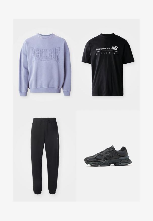 Sudadera morada fabricada en un material suave que presenta el texto bordado "VERTERE" y "BERLÍN". Puños y cuello acanalados con un corte relajado.; Camiseta de algodón negra con cuello redondo, mangas cortas y gráficos en blanco con el texto "new balance" y "ATHLETICS" en la parte delantera.; Pantalones de chándal negros hechos de un material suave, con una cintura elástica, cordón y puños acampanados, con un sutil logotipo en el lateral.; Zapatilla de running negra que presenta una combinación de malla y materiales sintéticos, suela gruesa, diseño curvado y una marca prominente en el costado.