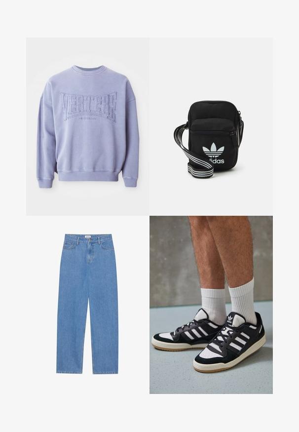 Violeta sporta krekls, kas izgatavots no mīkstas auduma, ar izšūtām uzrakstiem "VERTERE" un "BERLIN". Ar ribotām aprocēm un kakla izgriezumu, ar brīvu piegriezumu.; Gai zili džinsi ar taisnu piegriezumu, piecu kabatu dizainu, vienu pogu aizdari un diskrētu šuvju detaļu.; Melnas un baltas kedas ar zamša un ādas augšdaļu, kas aprīkotas ar trim baltām svītrām, perforētu purngali un gumijas zolēm.; Melna auduma crossbody soma ar rāvējslēdzēja aizdari, kurai ir balts Adidas logo un svītrainas regulējamas siksnas ērtiem pārvietošanās veidiem.