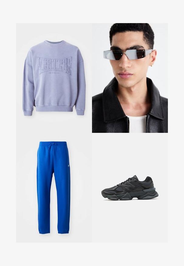 Sweatshirt roxo feito de tecido macio, apresentando texto costurado "VERTERE" e "BERLIM." Punhos e gola canelados com um corte descontraído.; Calças de fato de treino azuis feitas de um tecido suave, com uma cintura elástica com cordão, pernas ajustadas e um pequeno detalhe de logotipo na lateral.; Sapato de corrida preto com uma combinação de malha e materiais sintéticos, sola robusta, design curvado e uma marca de destaque na lateral.; Óculos de sol angulares com tonalidade cinza e detalhes em prata, contra um fundo claro. As lentes apresentam uma forma geométrica única.