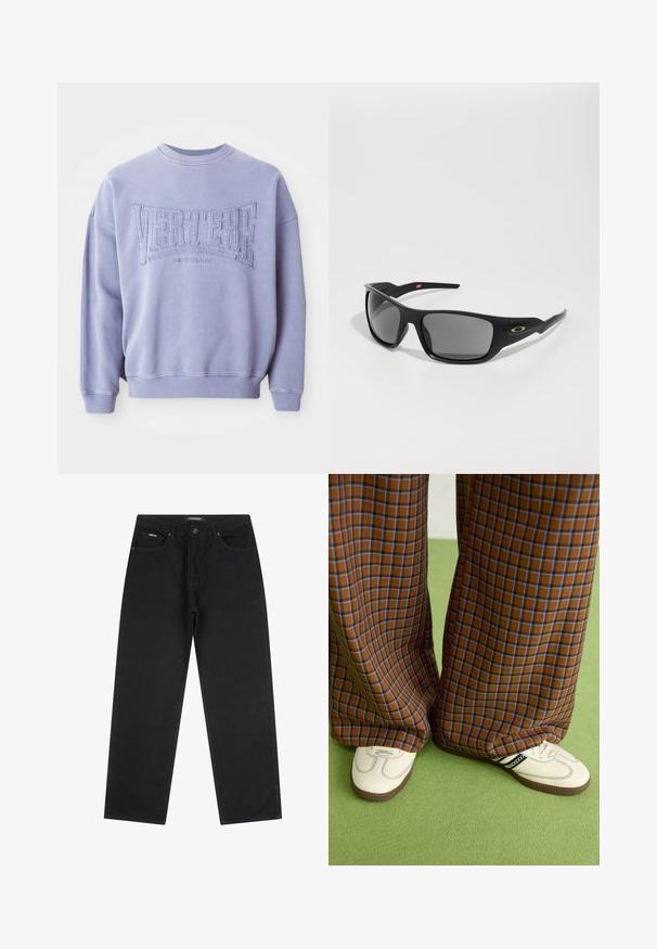 Felpa viola realizzata in tessuto morbido con testo ricamato "VERTERE" e "BERLIN". Polsini e scollatura a costine con vestibilità rilassata.; Jeans neri a gamba dritta con bottone e zip anteriori, passanti per cintura e design a cinque tasche, posti flat su uno sfondo bianco.; Pantaloni a pieghe larghi a quadri marroni e blu abbinati a scarpe bianche con dettagli neri e suole testurizzate, posizionati su uno sfondo verde.; Occhiali da sole neri con forma rettangolare, realizzati in plastica resistente, con lenti grigio scure e un accento dorato sul lato.